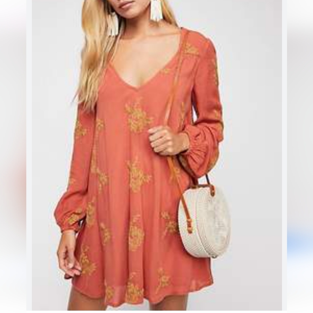 Free People Burnt Orange Embroidered Austin Mini Dress